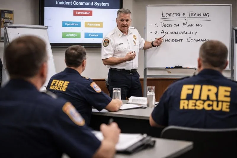 Fire officers participating in a leadership development session, with a senior instructor facilitating discussion on decision-making, accountability, and incident command concepts.