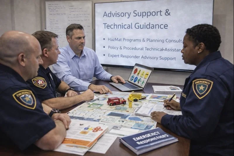 Public safety leaders and technical advisors collaborating during an advisory session, reviewing hazard information, planning documents, and analytical tools to support informed decision-making.