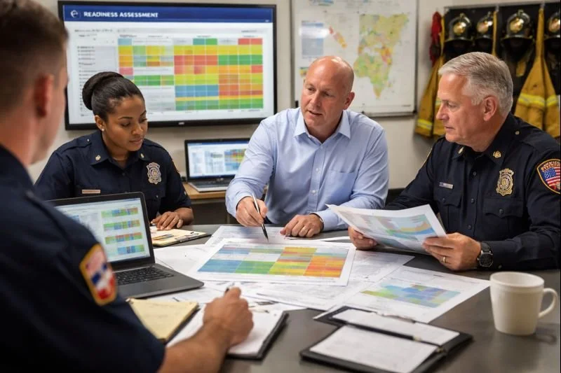 Public safety leaders and consultants reviewing a readiness assessment and gap analysis using charts, data, and documentation in a collaborative meeting setting.