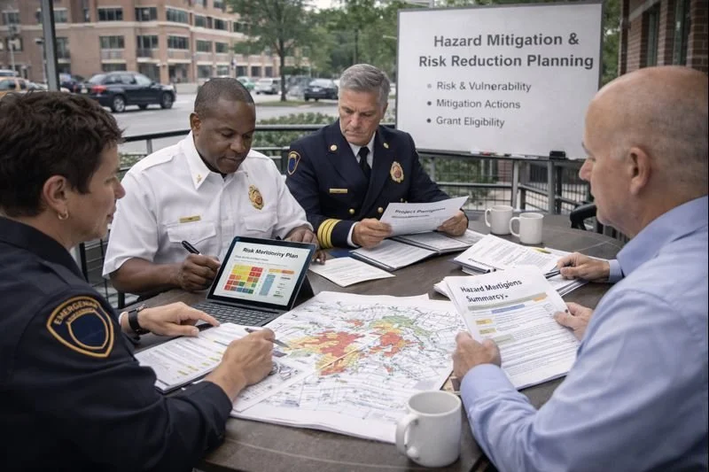 Public safety leaders conducting hazard mitigation and risk reduction planning, reviewing vulnerability maps, mitigation strategies, and risk analysis documents in an outdoor planning session.