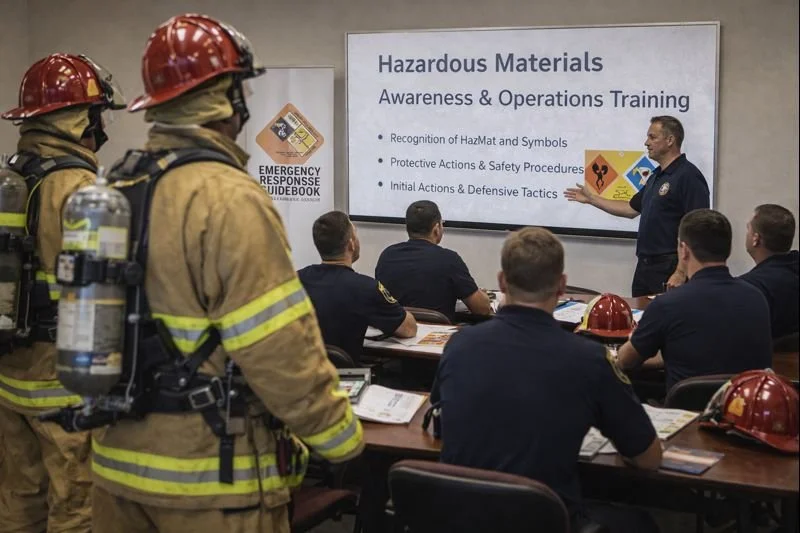 Firefighters participating in hazardous materials awareness and operations training, reviewing hazard recognition and safety procedures during a classroom-based instructional session.