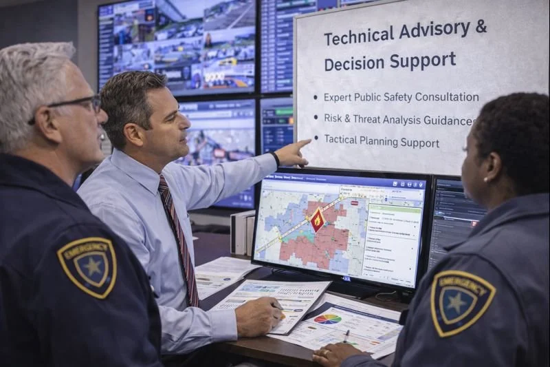 Public safety leaders and technical advisors reviewing analytical dashboards, maps, and decision-support data during a structured technical advisory session.