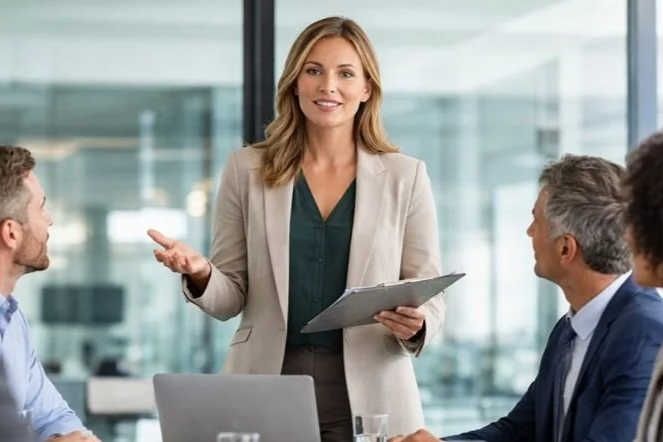 Newly promoted corporate leader facilitating a team meeting in a modern executive conference room, engaging colleagues in discussion and decision-making.