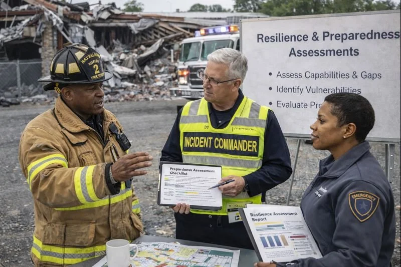 Public safety leaders conducting a resilience and preparedness assessment at an incident site, reviewing assessment checklists, vulnerability reports, and planning documents during a structured evaluation.