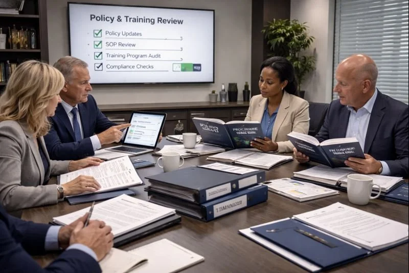 Senior leaders in a modern conference room reviewing policy manuals, procedures, and training program materials during a structured governance and compliance review.