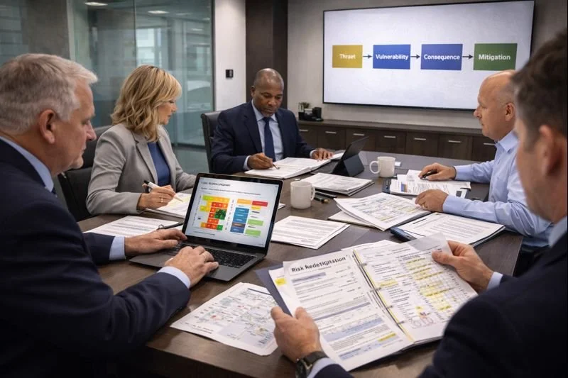 Senior leaders and analysts conducting a risk and vulnerability analysis, reviewing risk matrices, impact charts, and mitigation priorities during a structured executive working session.