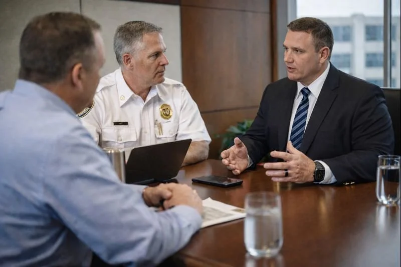 Senior executives engaged in a professional advisory discussion, reviewing strategic considerations and leadership priorities in a formal meeting setting.