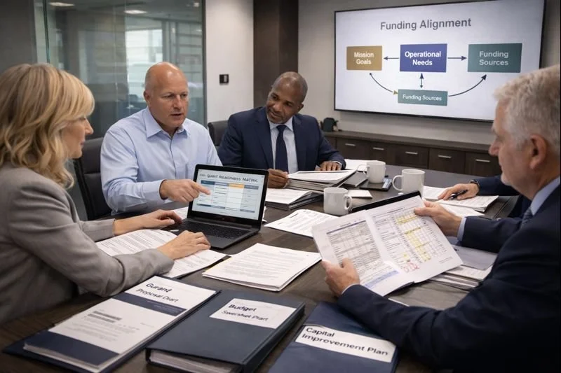 Senior public-sector leaders reviewing grant proposals, budget worksheets, and funding alignment materials during a strategic grant readiness planning session.