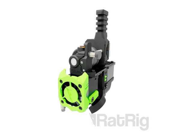 Referensbild av komplett RatRig Toolhead V1.0 i originalutförande. Extruder, hotend, fläktar och probe ingår inte i mekanikkitet.
