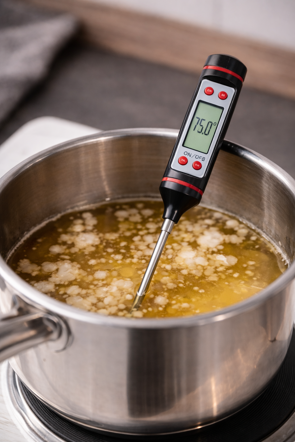 termómetro de cocina para medir la temperatura de la cera fundida