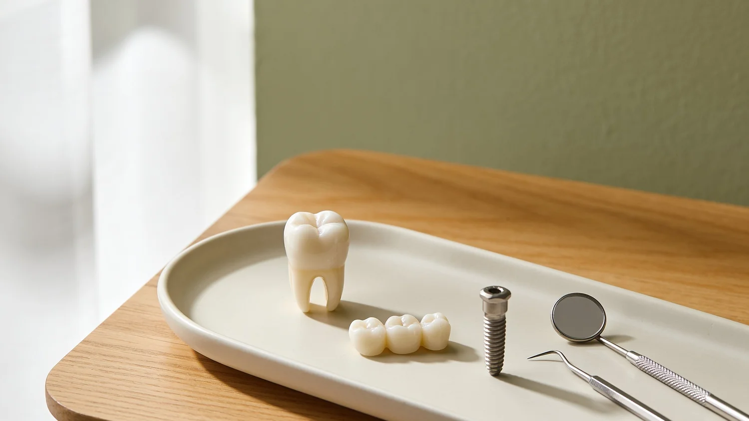 Dental crown model, three-unit bridge model, and titanium implant post on a ceramic tray at Total Health Dental Care in Oakland