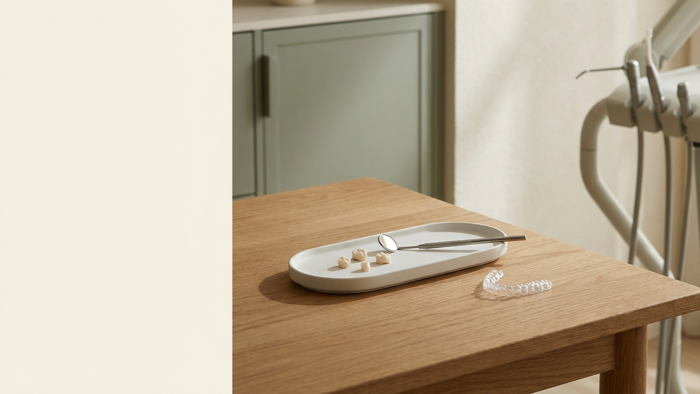 Porcelain dental crown models, a dental mirror, and a clear aligner on a ceramic tray in a calm consultation room at Total Health Dental Care in Oakland