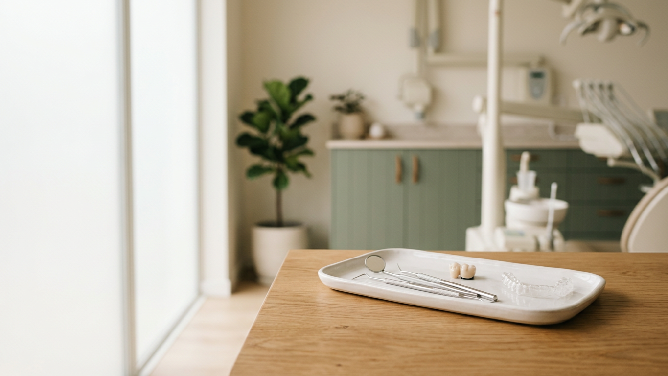 Japandi style dental clinic counter with dental instruments on a white ceramic tray, a porcelain crown model, and a clear aligner at Total Health Dental Care in Montclair Village, Oakland