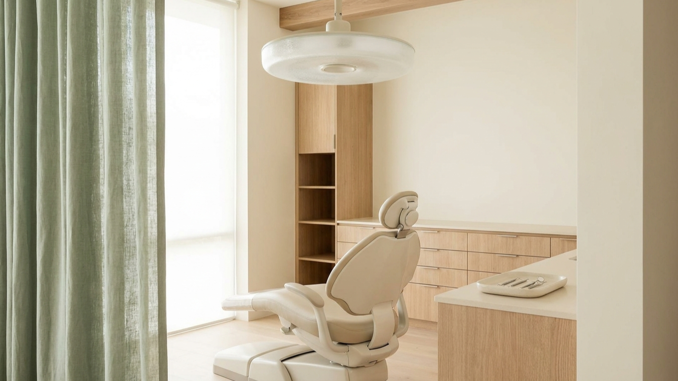 Calm Japandi dental treatment room with a cream dental chair, oak cabinetry, and soft sage curtain, Total Health Dental Care Emeryville
