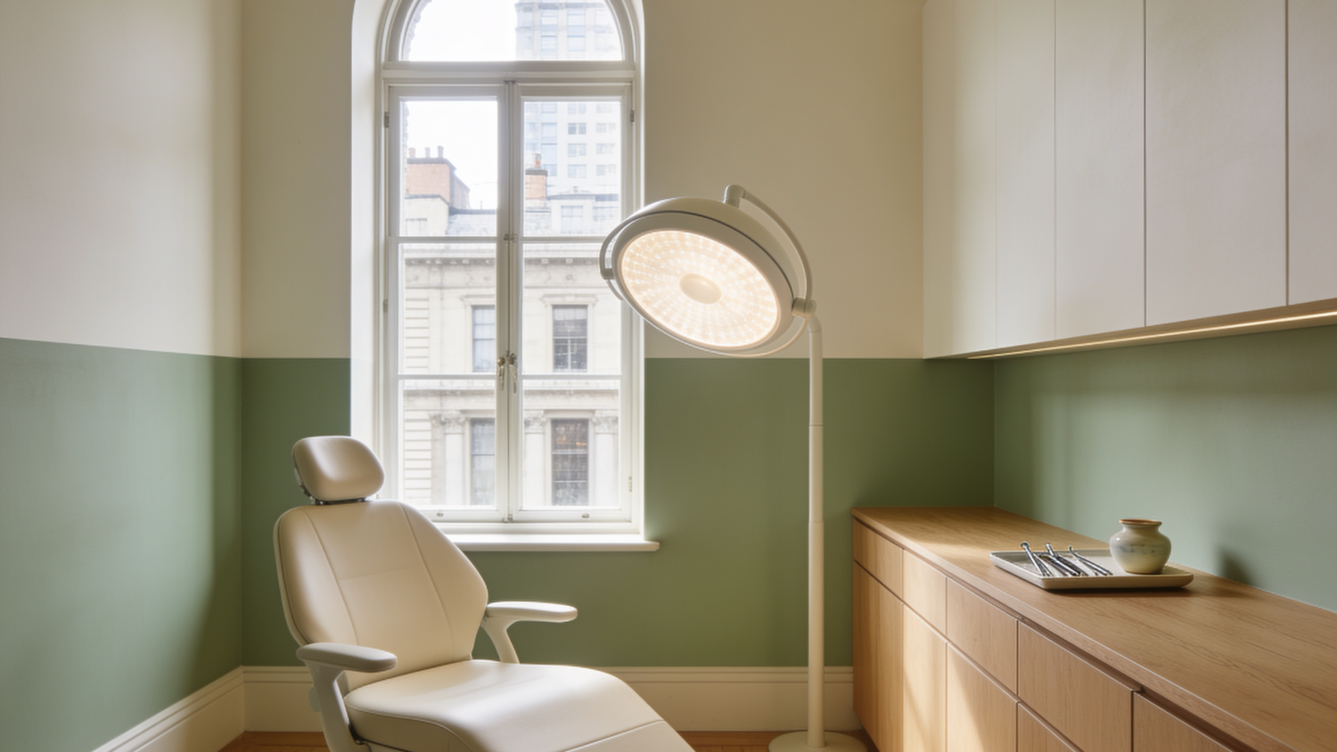 Japandi dental treatment room with a cream dental chair, sage green walls, and an arched window overlooking historic downtown Oakland buildings at Total Health Dental Care