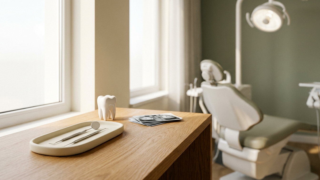 Dental consultation desk with a tooth model, instruments on a ceramic tray, and X-ray films, with a treatment chair in the background at a Total Health Dental Care office