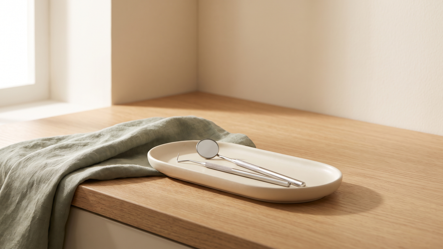 Dental mirror and probe on a ceramic tray, emergency dental care in the East Bay, Total Health Dental Care