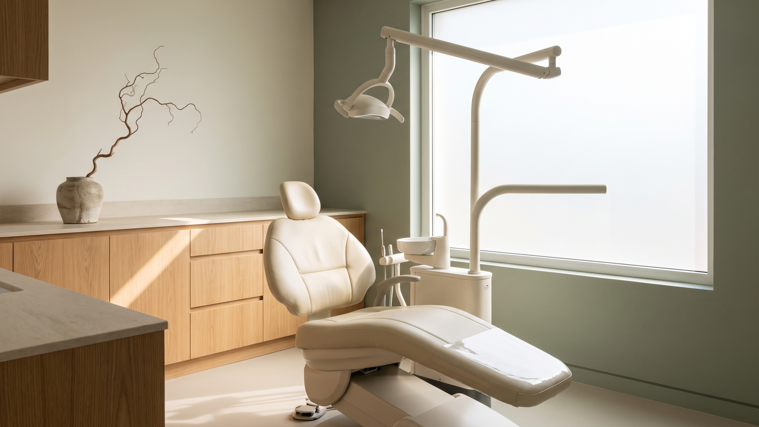 Calm dental treatment room with a cream chair and sage green wall near Lake Merritt, Total Health Dental Care