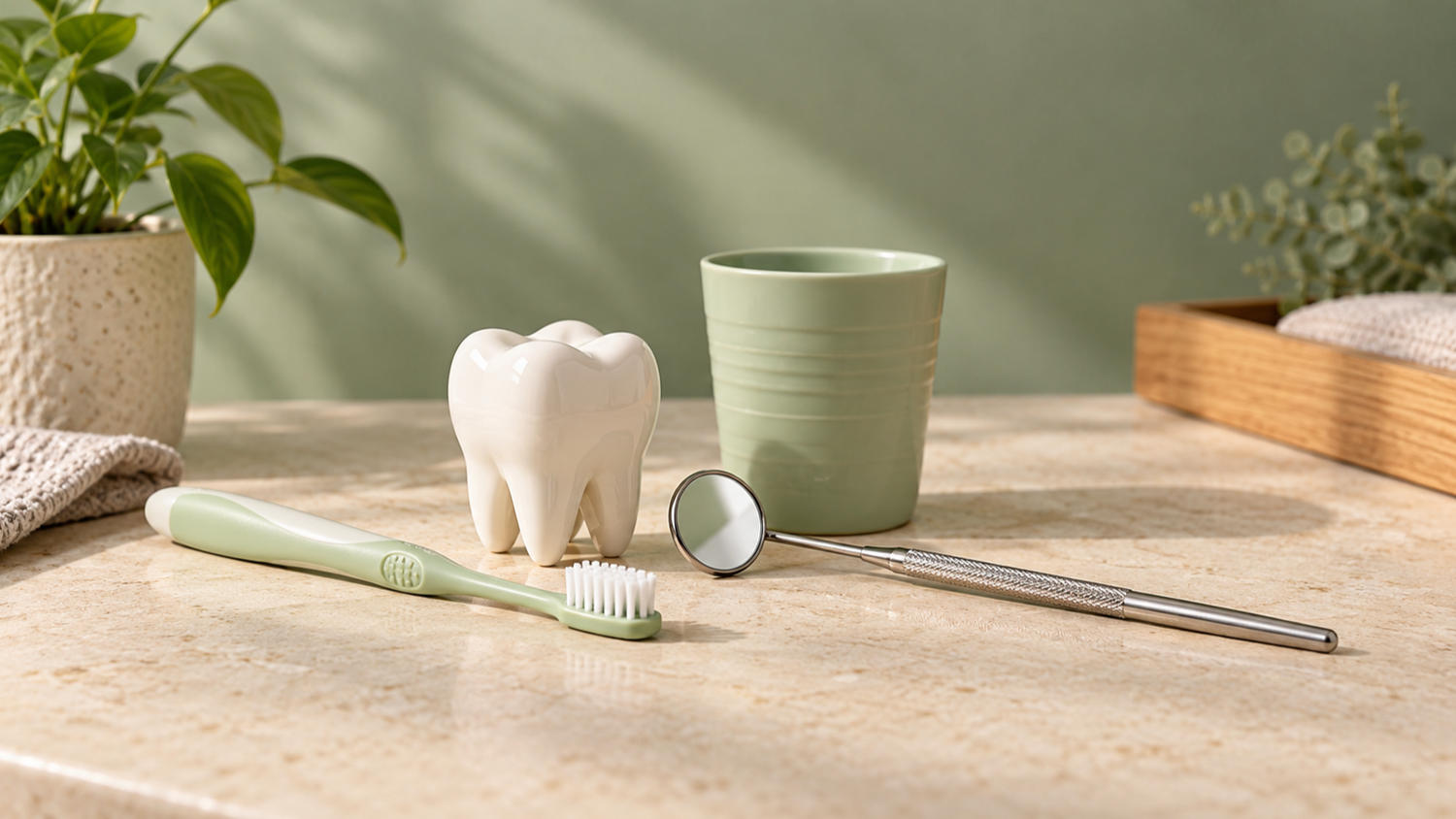 Child-sized toothbrush, dental mirror, and tooth model in a calm sage dental still life