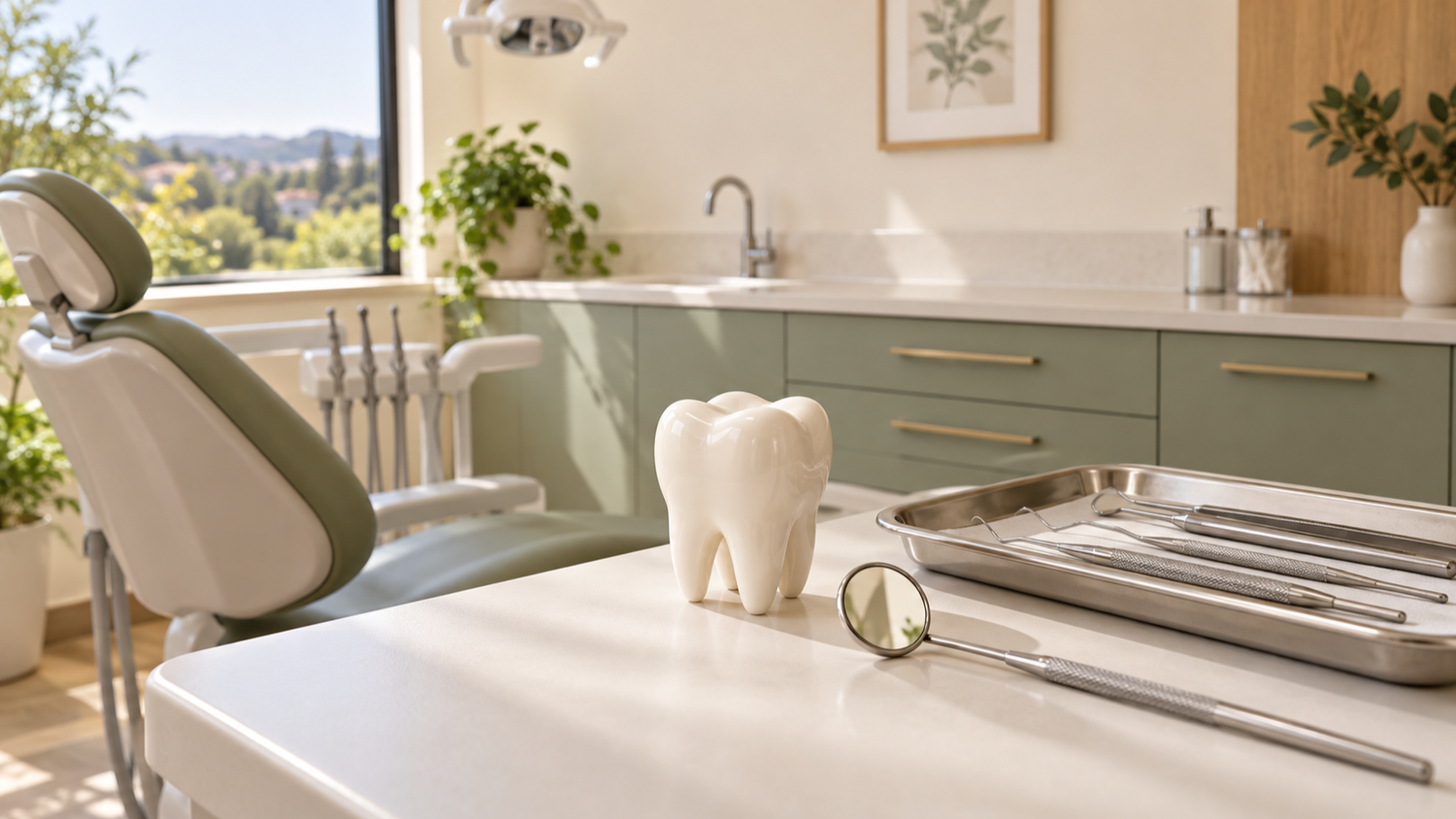 Ceramic tooth model and dental instruments in a calm Belmont dental operatory