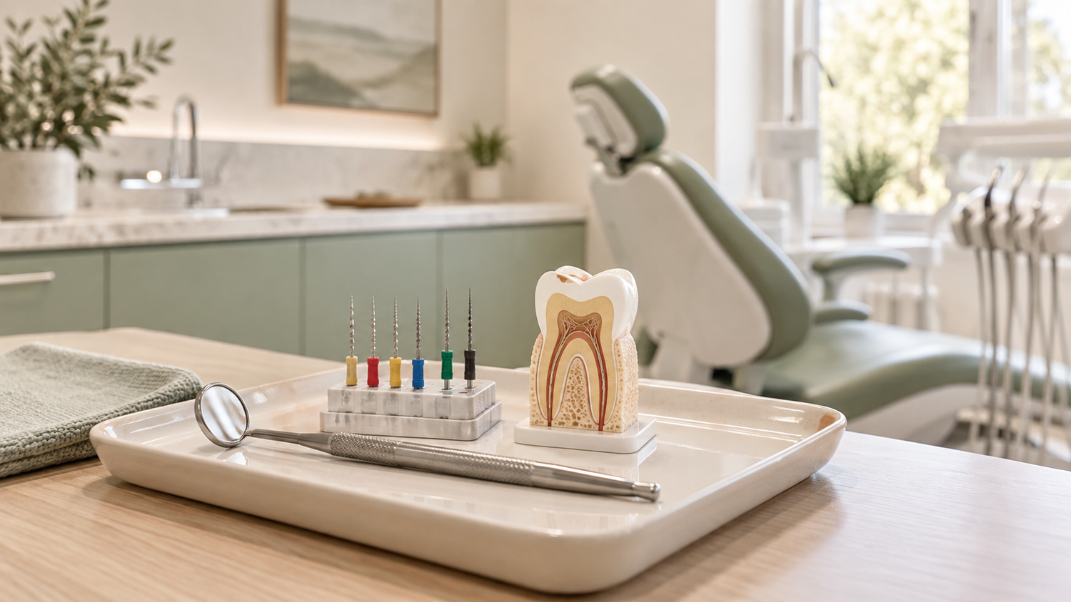 Dental illustration of endodontic files, a dental mirror, and a tooth model showing root canals