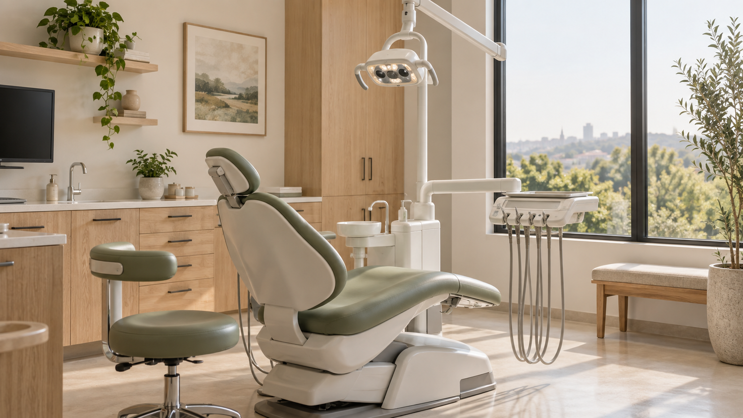 Illustration of a dental treatment room with a sage chair, overhead light, and warm oak cabinets for the THDC Belmont guide