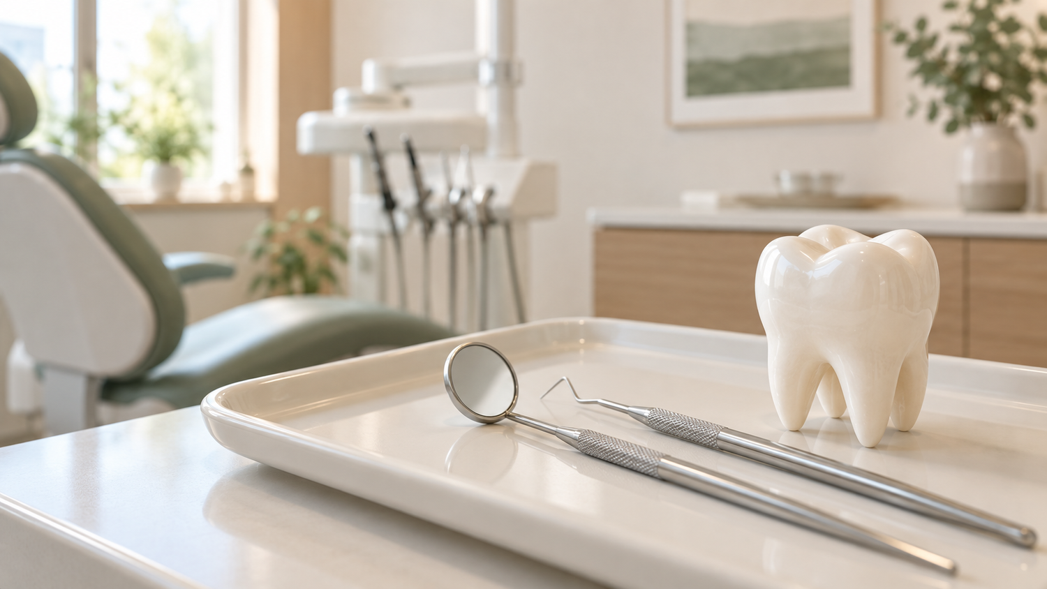Dental mirror, examination probe, and molar model on a cream tray for the THDC emergency dental care guide