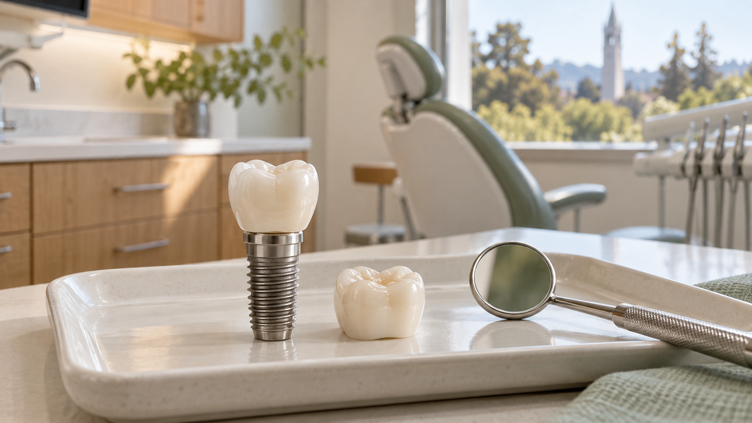 Dental implant model, ceramic crown, and dental mirror in a calm Berkeley treatment room for the THDC implant cost guide