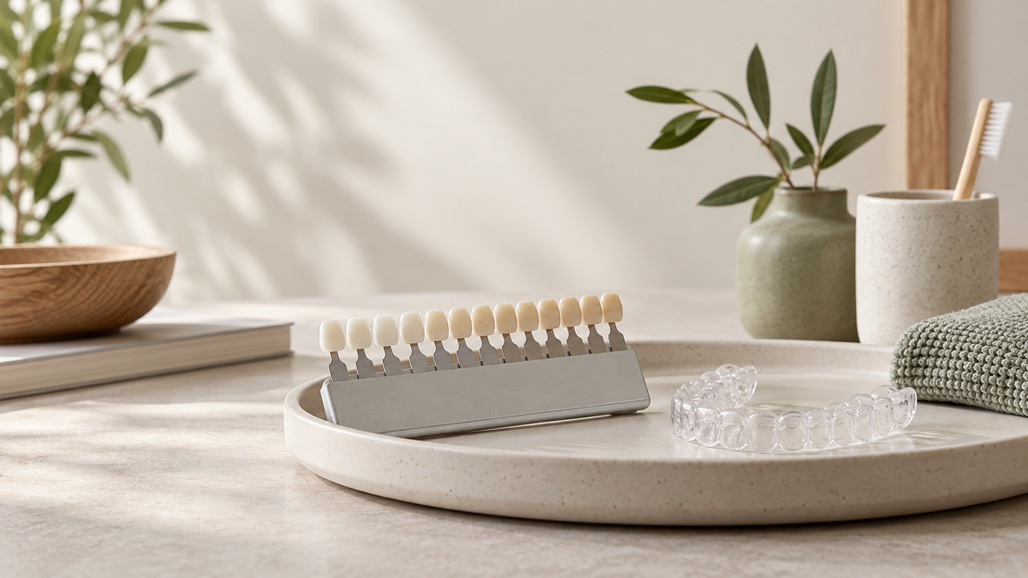 Dental shade guide and whitening tray on a ceramic tray for Total Health Dental Care
