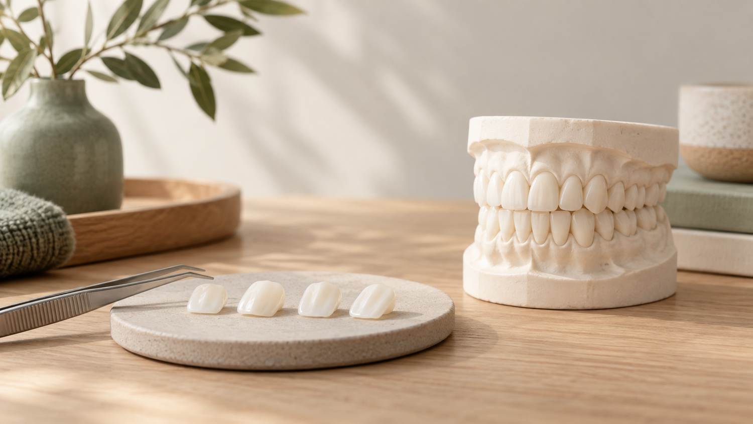 Dental tooth model and shade samples for a cosmetic consultation