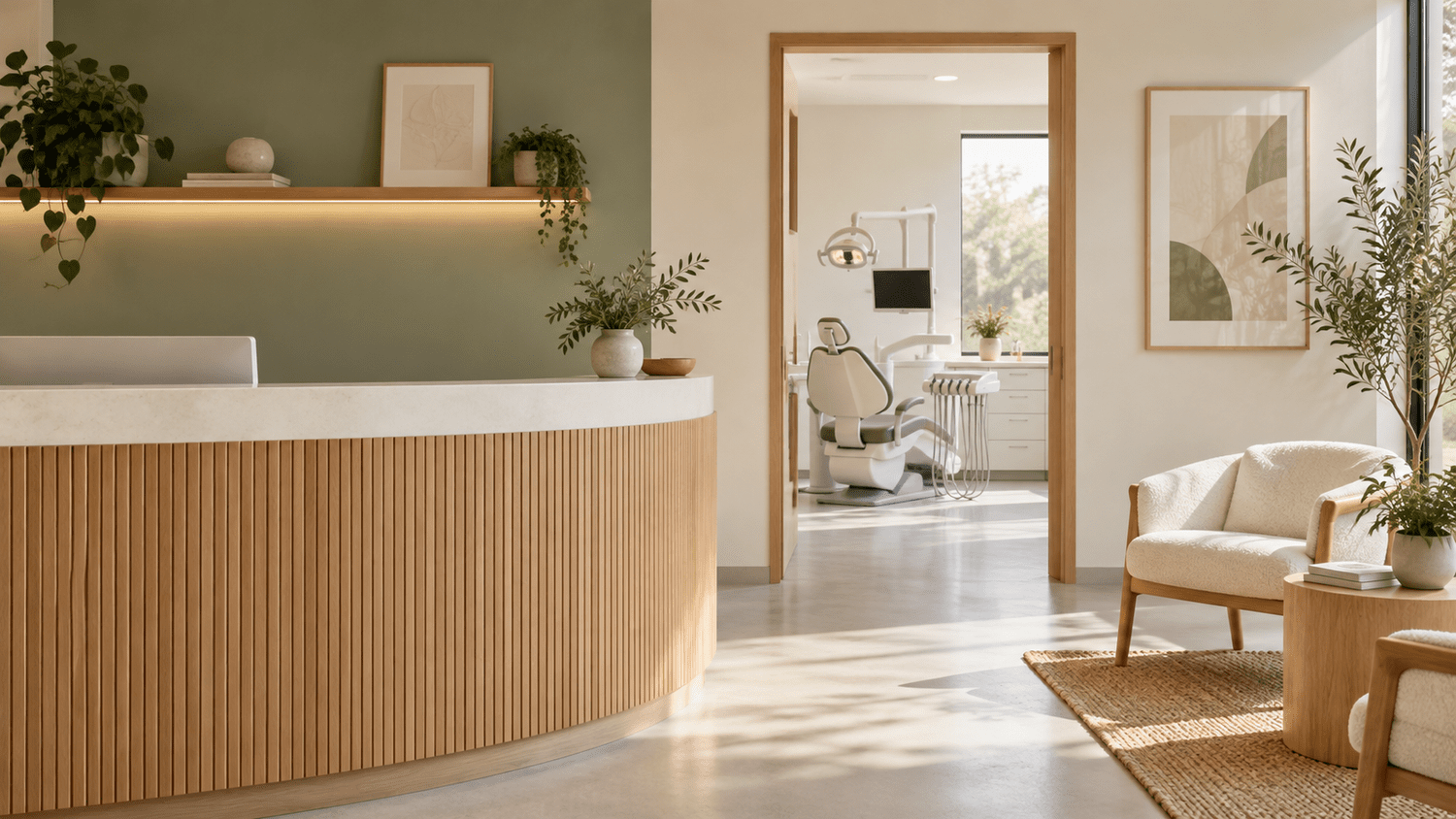 Comfortable dental reception area with warm wood and green accents