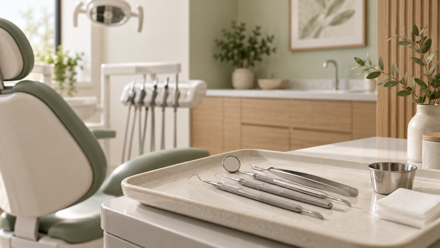 Dental examination instruments arranged on a clean ceramic tray