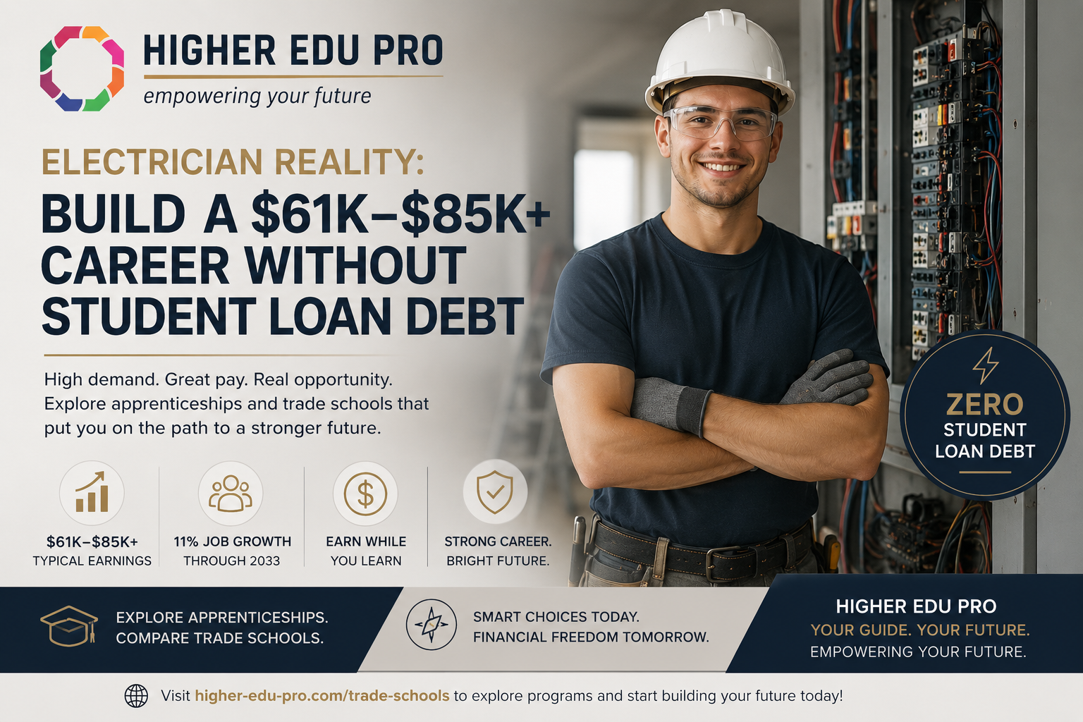 Discover why licensed electricians earn $61K–$85K+, how apprenticeships can help you avoid student loan debt, and how Higher Edu Pro's Trade Schools Guide helps you start a high-demand career.