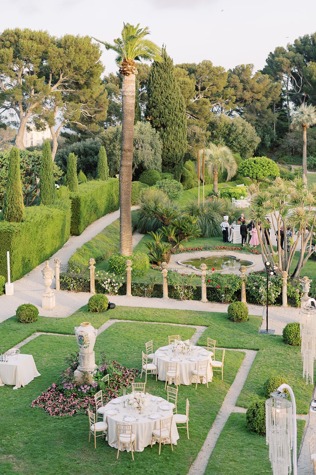 View of a wedding setup in the French gardens of Villa Ephrussi de Rothschild 