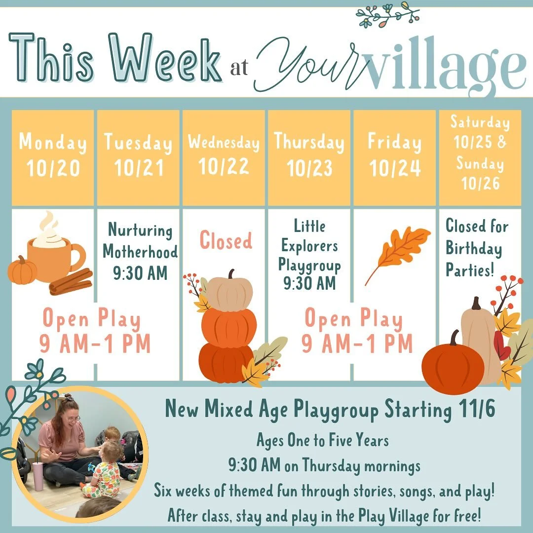 Here&rsquo;s what&rsquo;s happening this week at Your Village:

💜 Nurturing Motherhood Gathering
Tuesday at 9:30AM &mdash; RSVP at the event link!

👶 New Mixed Age Playgroup is beginning November 6th 
Visit link in comments for more info! 

🎂 Week
