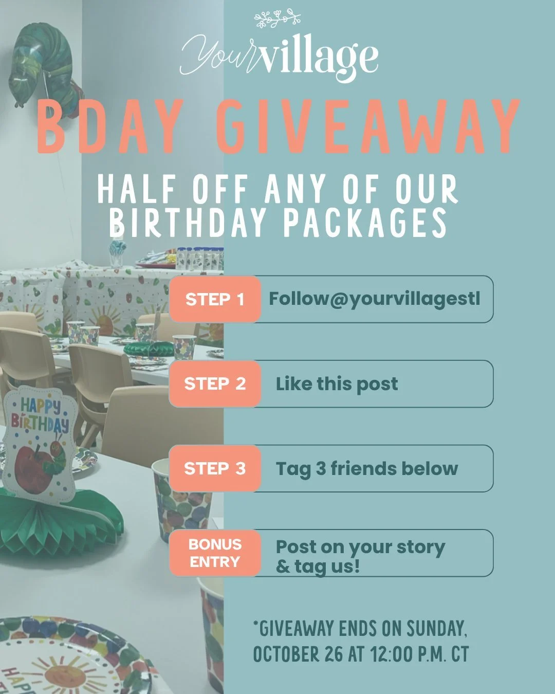 🎉 BIRTHDAY GIVEAWAY TIME! 🎉
Win HALF OFF your little one&rsquo;s birthday party at Your Village STL! 🥳

Let us take care of the cleanup while your child enjoys a magical celebration in our private indoor Play Village. 💫

Here&rsquo;s how to enter