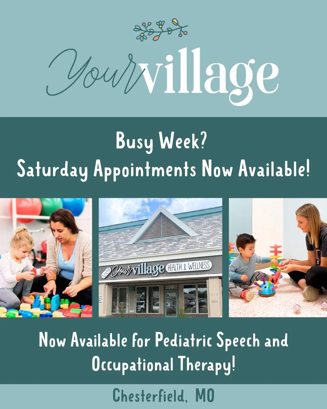 🌟 Saturday Appointments Now Available! 🌟

We know weekdays can be hectic &mdash; that&rsquo;s why Your Village now offers Pediatric Speech &amp; Occupational Therapy on Saturdays! 🎉

🗣️ Speech Therapy
Support for speech clarity, language developm