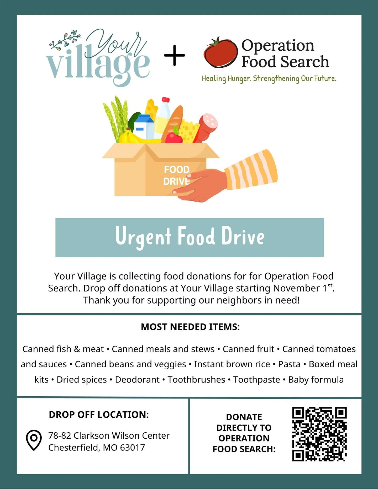 No one in our community should go hungry. 🤍

Your Village is proud to partner with @opfoodsearch for an urgent food drive beginning November 1st. 

Bring your donations to Your Village &mdash; big or small, every contribution counts. 💛
.
.
.
.
.
.
