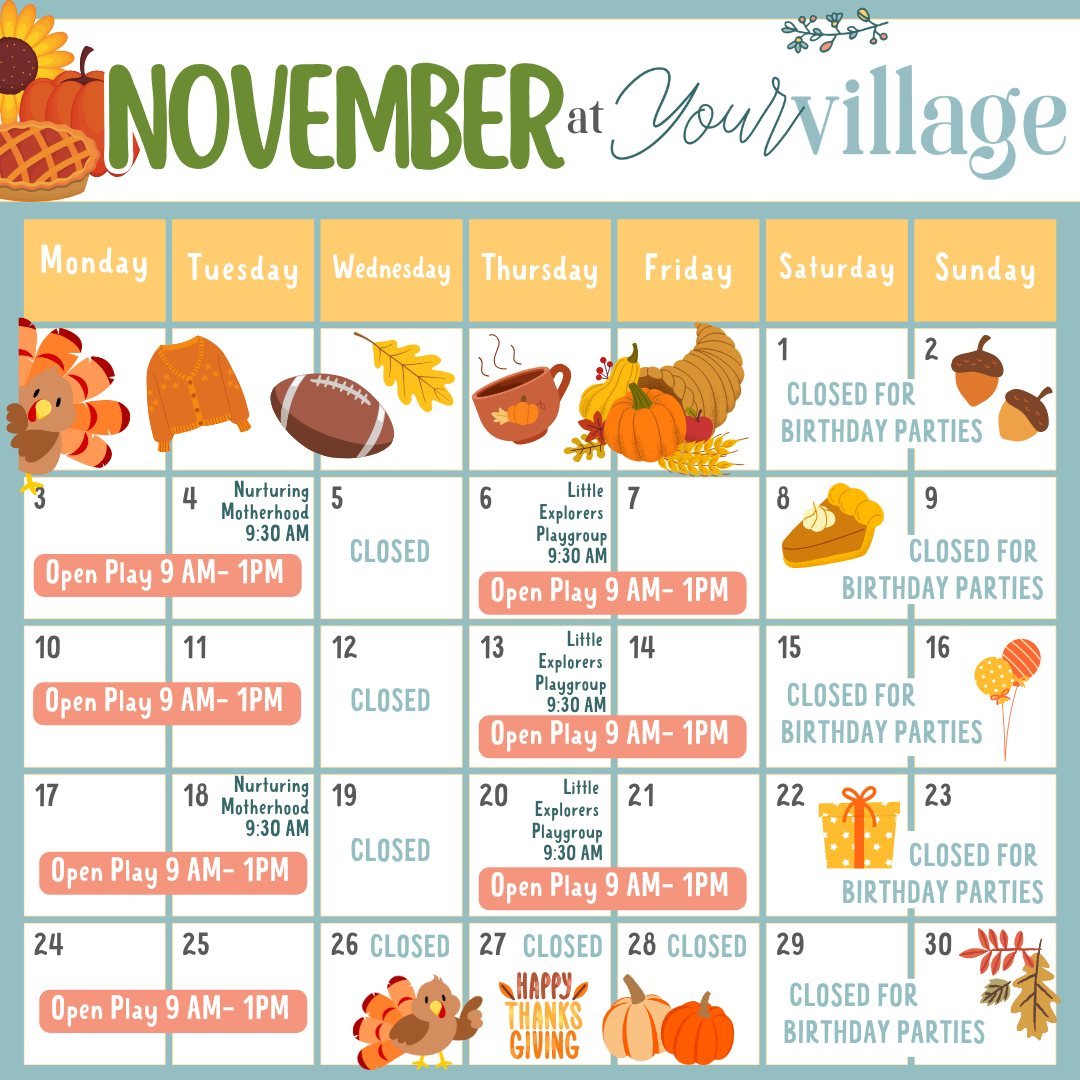 🍂 November is full of connection, play, and growth at Your Village!
Here&rsquo;s what&rsquo;s happening this month ⬇️

👶 Little Explorers Playgroup (0&ndash;5 yrs)
📅 Thursdays | 9:30&ndash;10 AM | Starts Nov. 6
Songs, stories &amp; sensory fun for