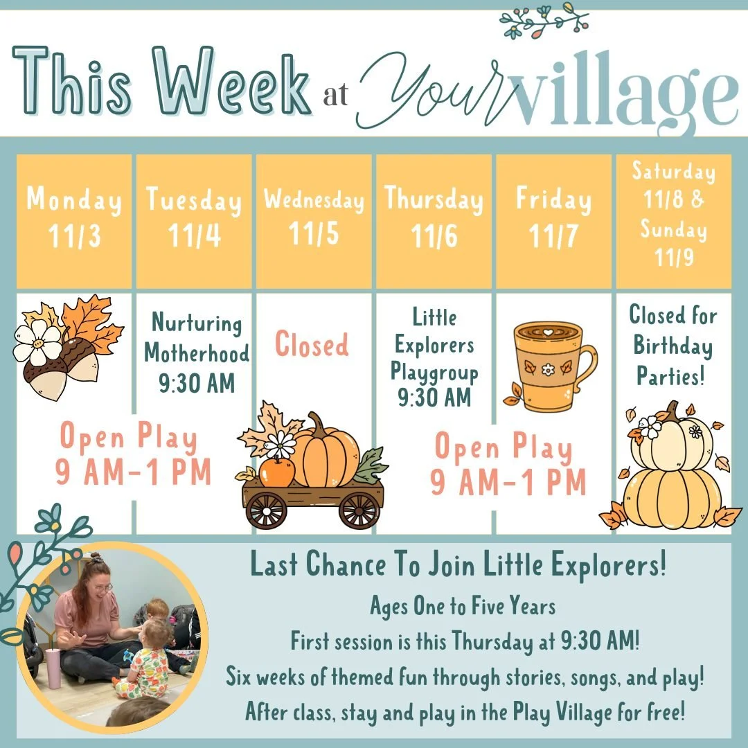 Falling leaves, cozy vibes, and community connection 🍁

Here&rsquo;s what&rsquo;s happening this week at Your Village:
💜 Nurturing Motherhood Gathering &mdash; Tuesday @ 9:30 AM
👶 New Mixed-Age Playgroup begins Nov 6 (Link in comments!)
🎂 Weekend