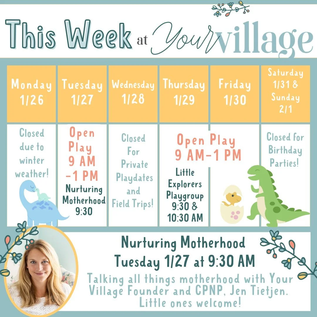 ❄️ Winter warmth starts here 🤍

This week at Your Village:
🎈 Open Play &mdash; Tue, Thu &amp; Fri | 9&ndash;1
💜 Nurturing Motherhood Gathering &mdash; Tuesday @ 9:30 AM
🎂 Weekend closed for private parties
🌿 Always here with compassionate care f
