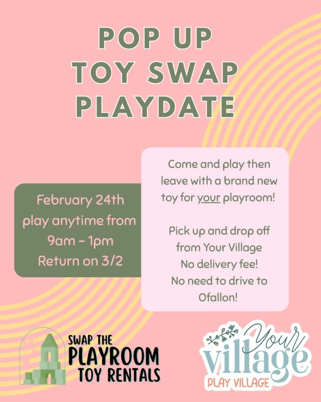 Tomorrow&rsquo;s the day! 🎉

Join us at Your Village for our Playdate &amp; Toy Swap with Swap the Playroom!
Come enjoy a fun morning in the Play Village, then head home with your pre-reserved toy rentals for a full week of play. 🙌

✨ Use code PLAY