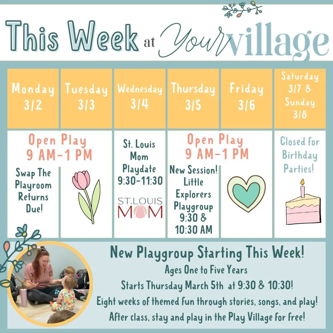 ✨ This Week at Your Village ✨

A new month means new play, new connections, and a brand new playgroup starting THIS week! 🤍

Here&rsquo;s what&rsquo;s happening:
🌷 Open Play Monday, Tuesday &amp; Thursday | 9 AM&ndash;1 PM
🤍 St. Louis Mom Playdate