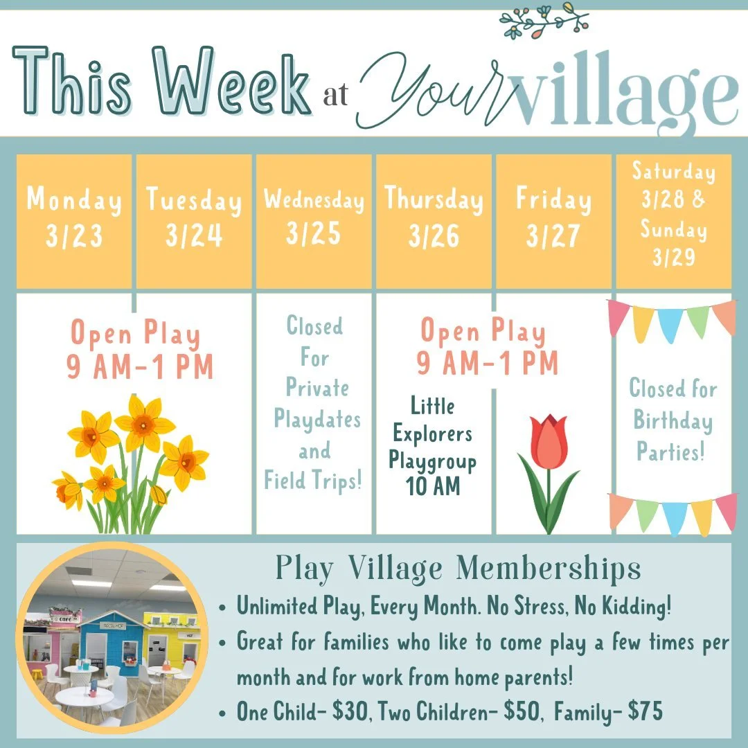 🌸 Spring is in the air at Your Village! 

Here&rsquo;s what&rsquo;s happening this week:
✨ Open Play: Monday, Tuesday, Thursday &amp; Friday from 9 AM &ndash; 1 PM
🏫 Wednesday: Closed for private playdates &amp; field trips
🎉 Weekend: Closed for b