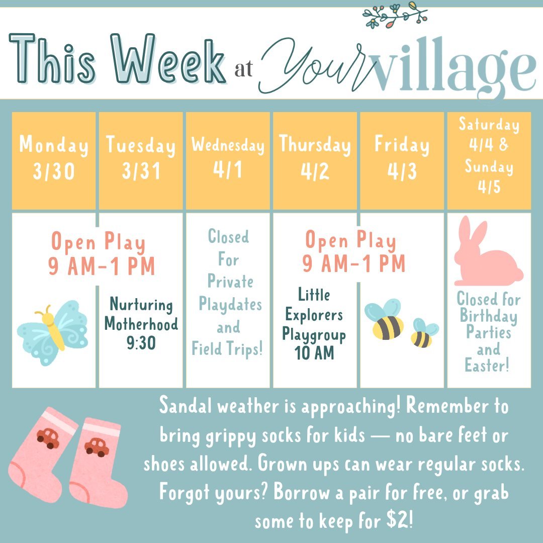Spring is in the air at Your Village 🌼✨

Longer days, a little more sunshine, and lots of reasons to get out and play 🤍

Here&rsquo;s what we have going on this week:
🌿 Open Play (Mon, Tues, Thurs &amp; Fri  9&ndash;1)
🦋 Nurturing Motherhood (Tue