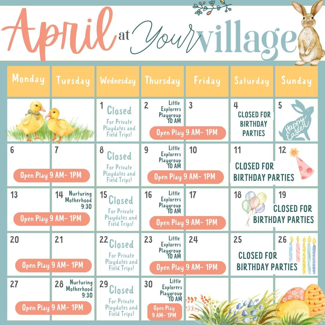 Hello, April 🌼✨

A month full of play, connection, and sweet spring moments at Your Village 🤍

Here&rsquo;s what to look forward to this month:
🌿 Open Play throughout the month (9 AM&ndash;1 PM)
🐝 Little Explorers Playgroup every Thursday at 10 A