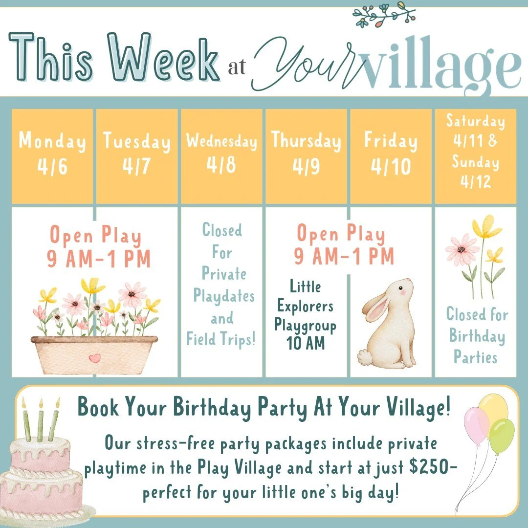 Ready for another week of play, connection, and fun? 🤍

Here&rsquo;s what we have going on this week:
🌿 Open Play (Mon, Tues, Thurs &amp; Fri 9&ndash;1)
🌼 Closed Wednesday for private playdates + field trips
🐝 Little Explorers Playgroup (Thurs @ 