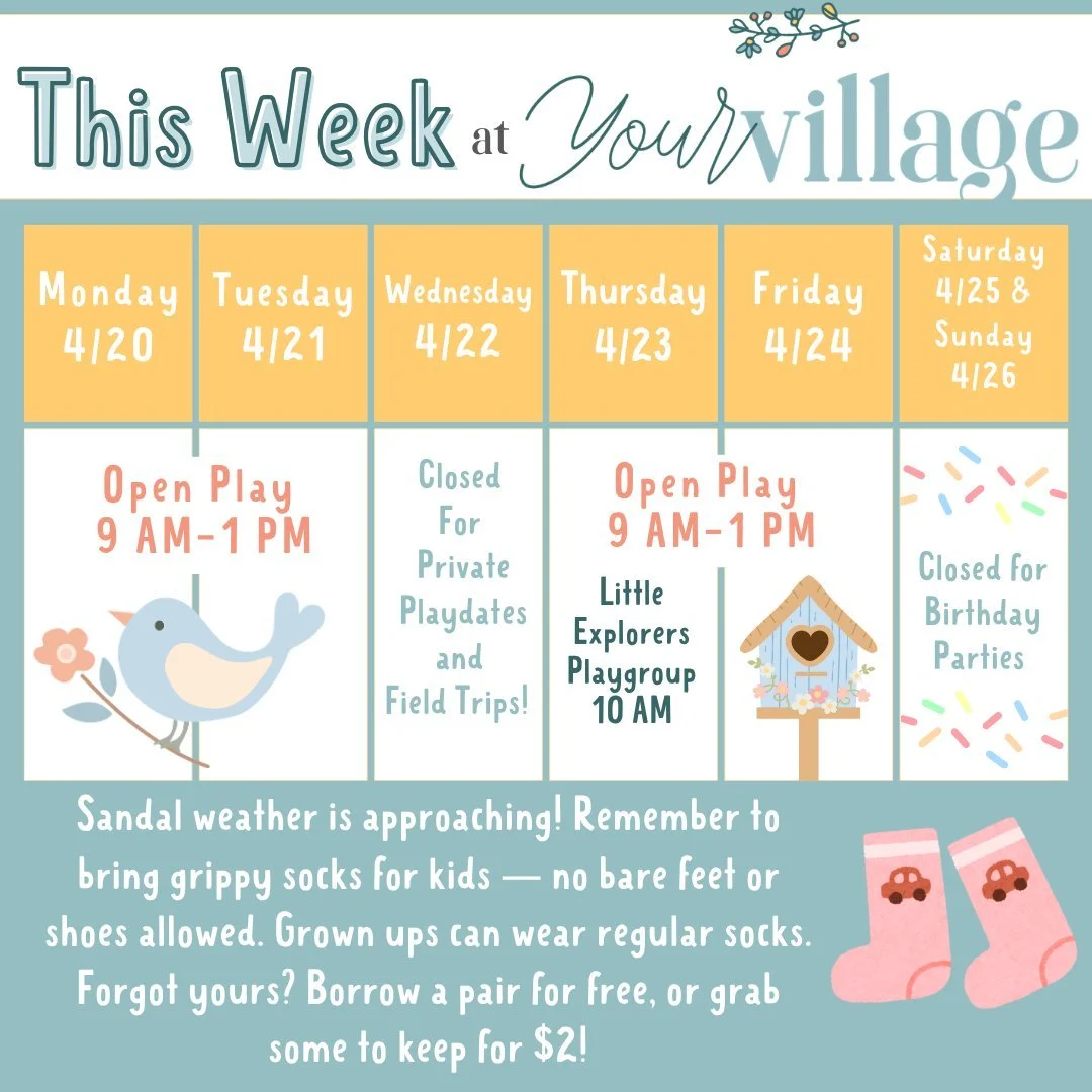 Here&rsquo;s what&rsquo;s happening this week at Your Village 🤍

There are plenty of chances to get out of the house, connect, and let your littles burn off some energy (especially with this rainy forecast 👀).

✨ A quick heads up:
&ndash; Closed We