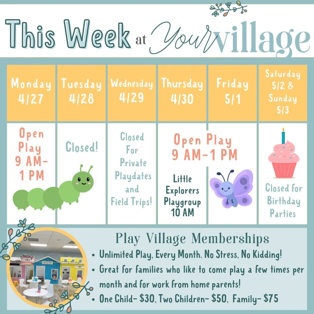 New week at Your Village STL 🎉

✨ Open Play Monday &amp; Thursday (9 AM&ndash;1 PM)
🚨 Note: We&rsquo;re normally open Tuesdays, but will be closed this Tuesday!
🎂 Weekend reserved for birthday parties

💛 Want unlimited play? Our memberships make 