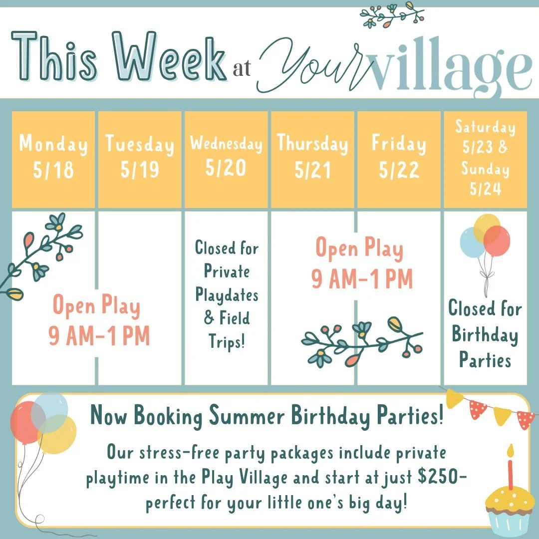 A fun-filled week is ahead at Your Village 💛

Here&rsquo;s what&rsquo;s happening this week in the Play Village! Open Play will be available Monday, Tuesday, Thursday 7 Friday from 9 AM&ndash;1 PM 🌼

Our wellness side of the village is helping fami
